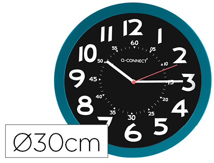 RELOJ Q-CONNECT DE PARED PLASTICO OFICINA REDONDO 30 CM COLOR AZUL Y ESFERA COLOR NEGRO