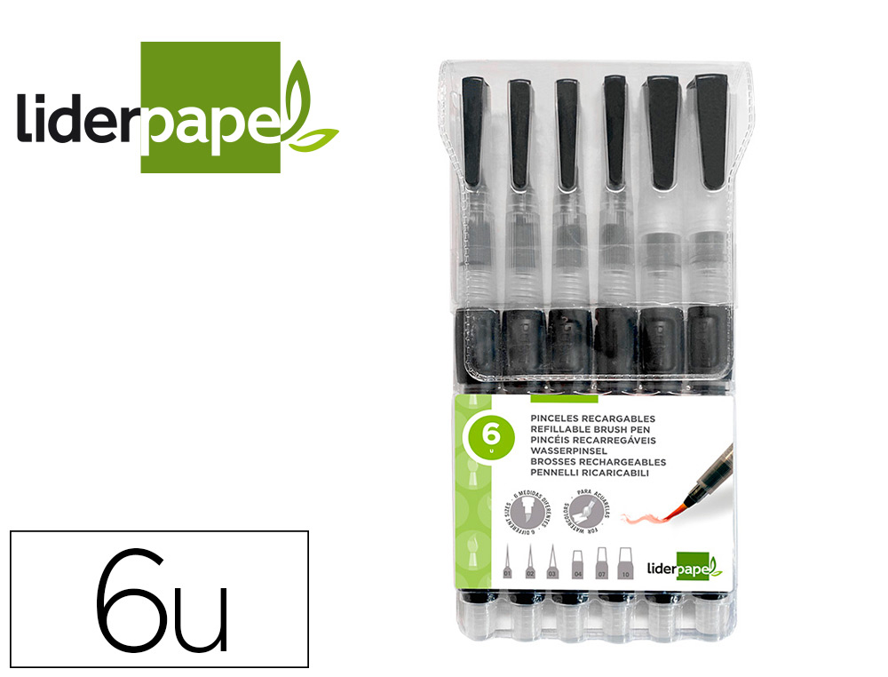 PINCEL LIDERPAPEL RECARGABLE PARA PRODUCTOS ACUARELABLES SET DE 6 UNIDADES GROSOR PUNTAS SURTIDAS