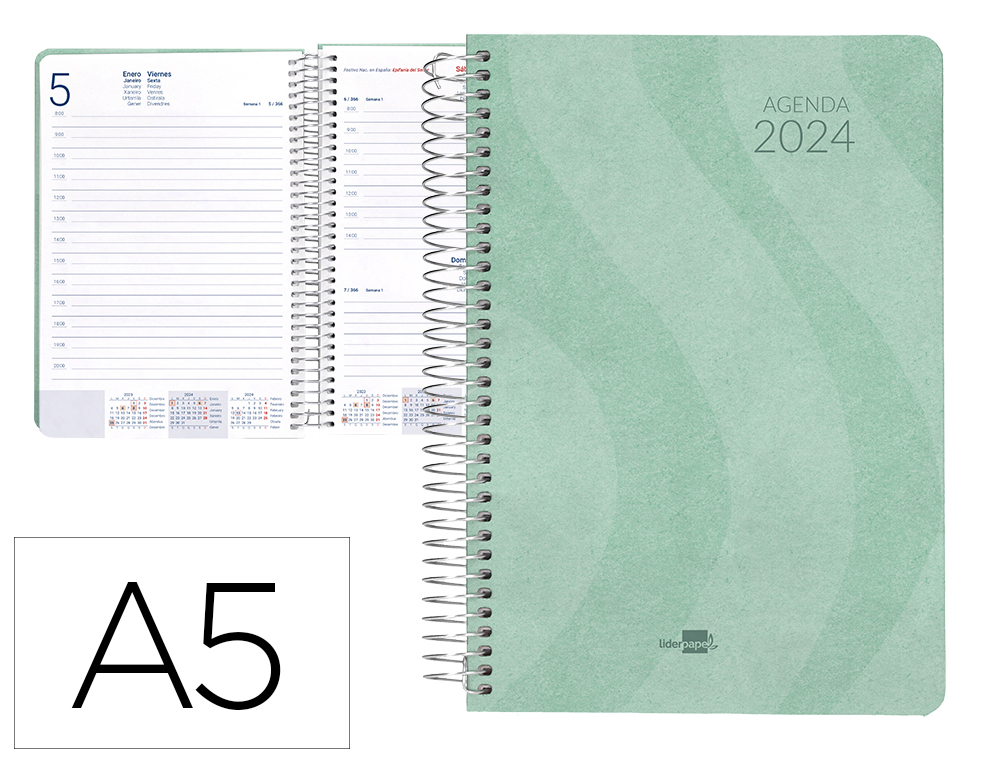 AGENDA ESPIRAL LIDERPAPEL SYROS 15X21 CM 2024 DIA PAGINA SIMPLE ESPIRAL COLOR MENTA PAPEL 60GR