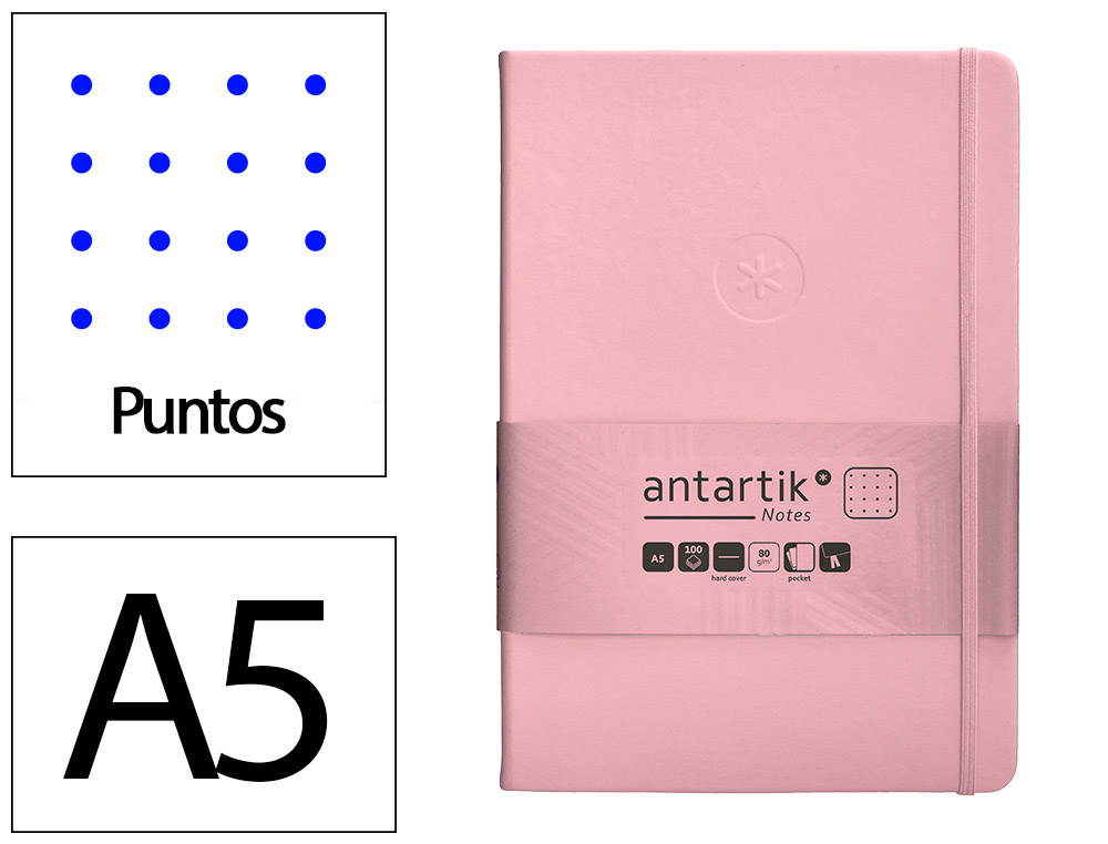 CUADERNO CON GOMILLA ANTARTIK NOTES TAPA DURA A5 HOJAS PUNTOS ROSA PASTEL 100 HOJAS 80 GR FSC
