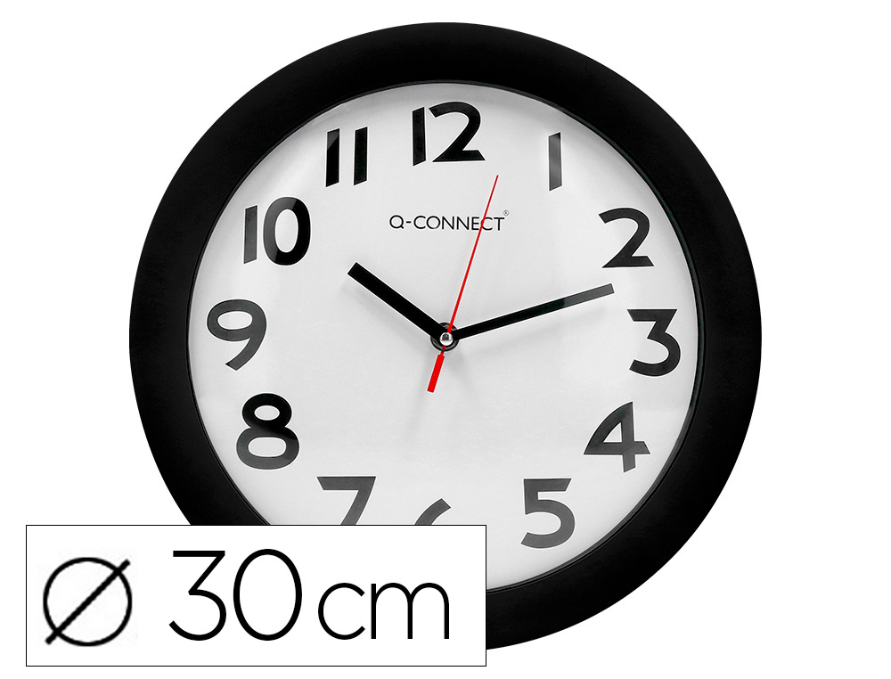 RELOJ Q-CONNECT DE PARED PLASTICO OFICINA REDONDO 30 CM MARCO NEGRO