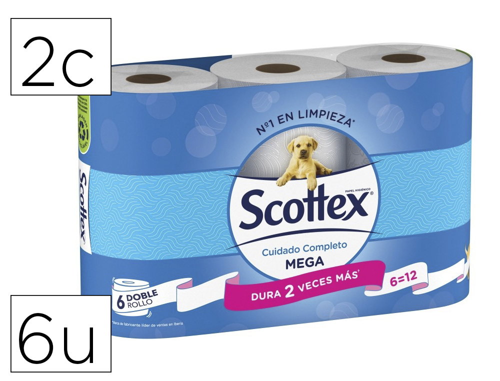 PAPEL HIGIENICO SCOTTEX MEGARROLLO DOBLE LARGO 2 CAPAS PAQUETE DE 6 ROLLOS