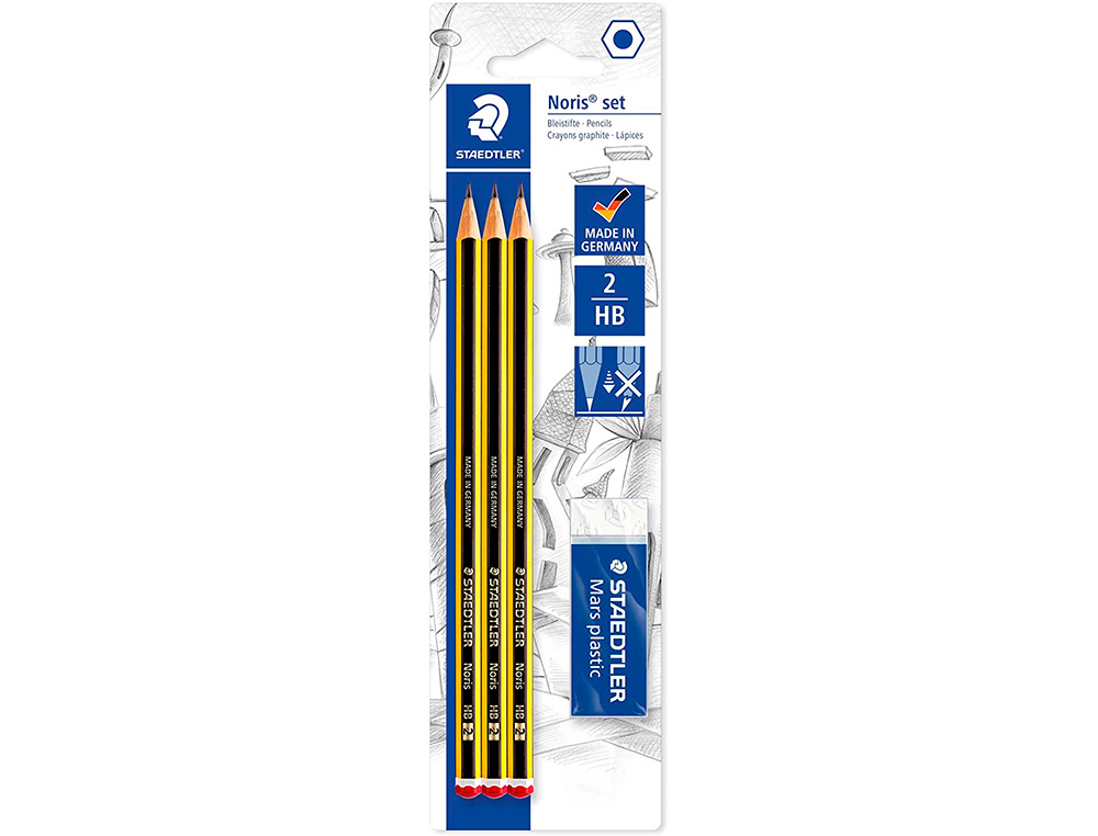 LAPICES DE GRAFITO STAEDTLER NORIS N.2 HB BLISTER DE 3 UNIDADES + 1 GOMA DE BORRAR MARS PLASTIC