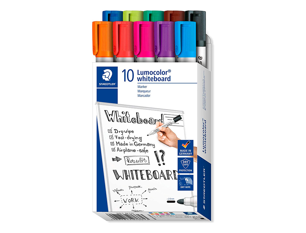 ROTULADOR STAEDTLER LUMOCOLOR 351 PARA PIZARRA BLANCA PUNTA REDONDA 2 MM RECARGABLE CAJA 10 UNIDADES COLORES SURTIDOS
