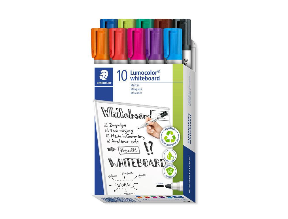 ROTULADOR STAEDTLER LUMOCOLOR 351 PARA PIZARRA BLANCA PUNTA REDONDA 2 MM RECARGABLE CAJA 10 UNIDADES COLORES SURTIDOS