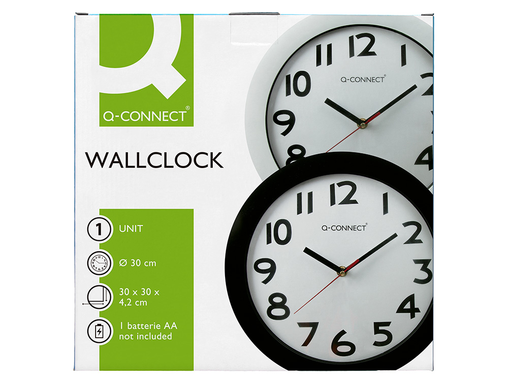 RELOJ Q-CONNECT DE PARED PLASTICO OFICINA REDONDO 30 CM MARCO NEGRO