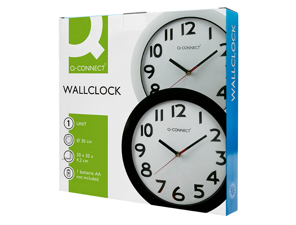 RELOJ Q-CONNECT DE PARED PLASTICO OFICINA REDONDO 30 CM MARCO NEGRO