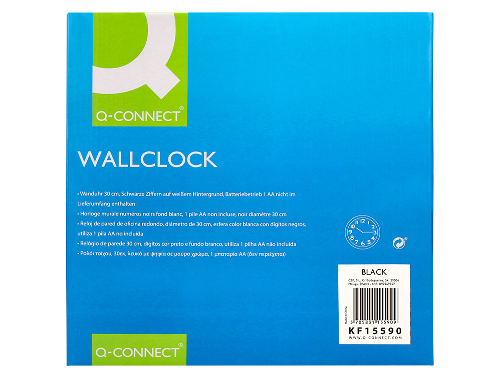 RELOJ Q-CONNECT DE PARED PLASTICO OFICINA REDONDO 30 CM MARCO NEGRO