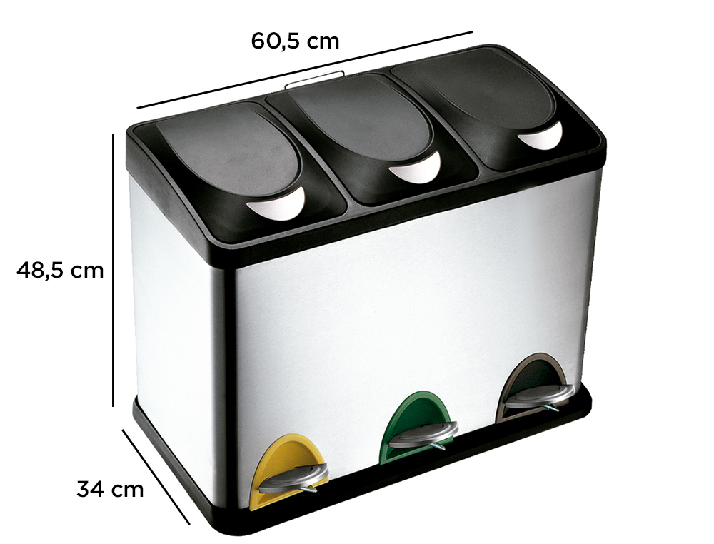 PAPELERA CONTENEDOR Q-CONNECT METALICA CON TAPADERA DE PLASTICO Y PEDAL 3 DEPOSITOS 45L 605X340X485 MM