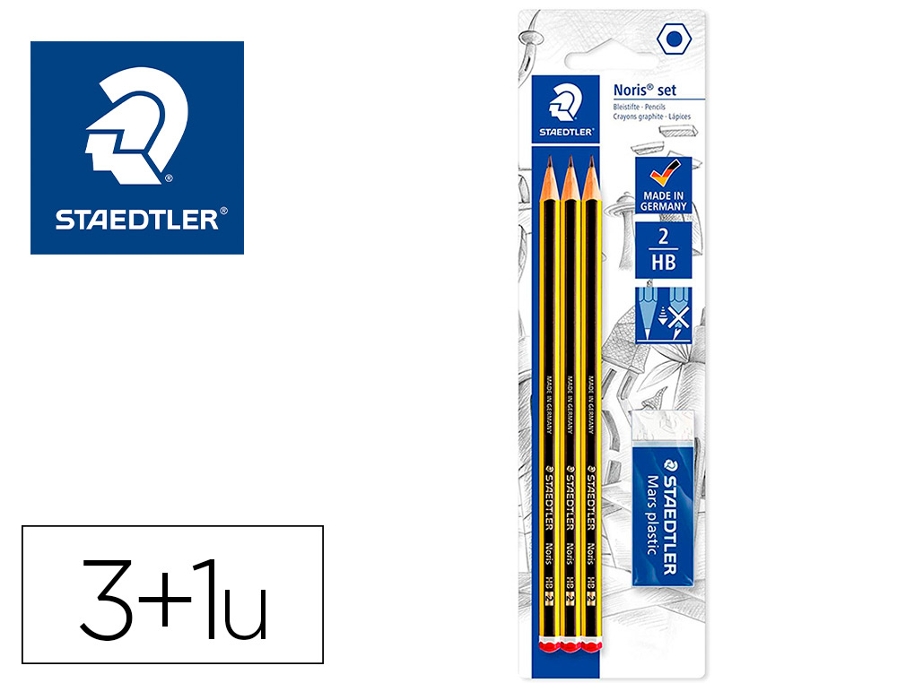 LAPICES DE GRAFITO STAEDTLER NORIS N.2 HB BLISTER DE 3 UNIDADES + 1 GOMA DE BORRAR MARS PLASTIC
