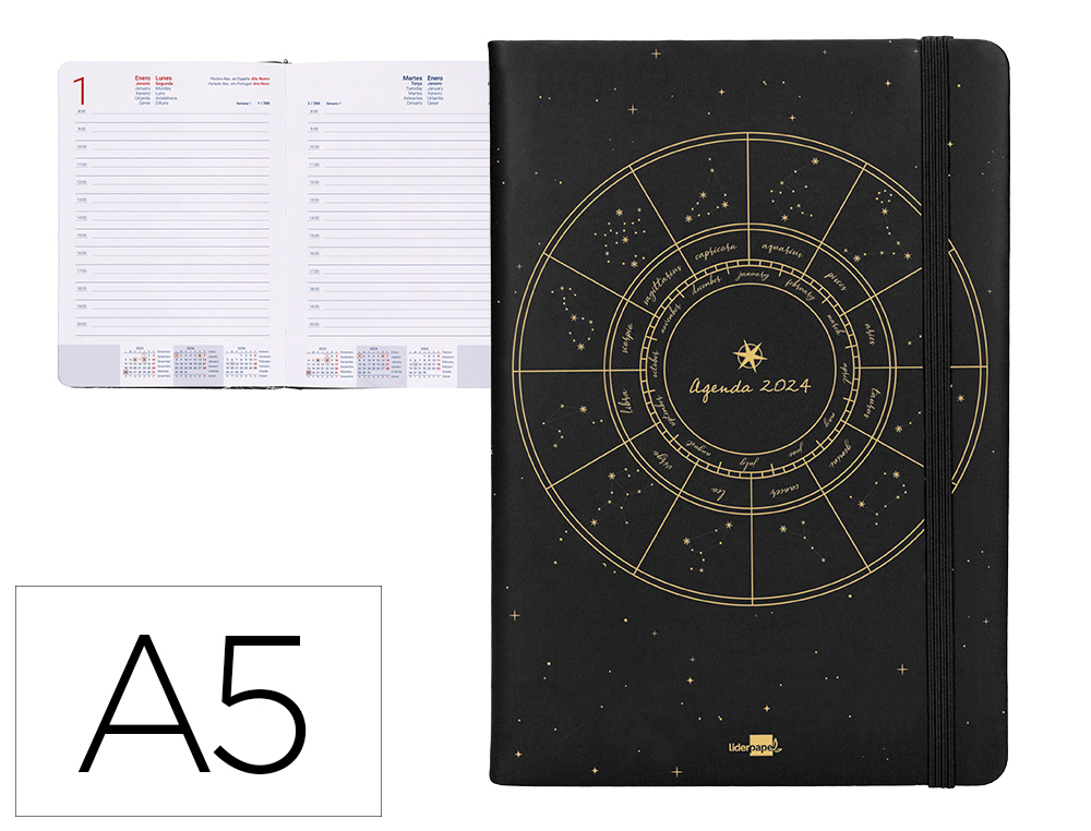 AGENDA ENCUADERNADA LIDERPAPEL EFIRA A5 2024 DIA PAGINA COLOR NEGRO PAPEL 70 GR