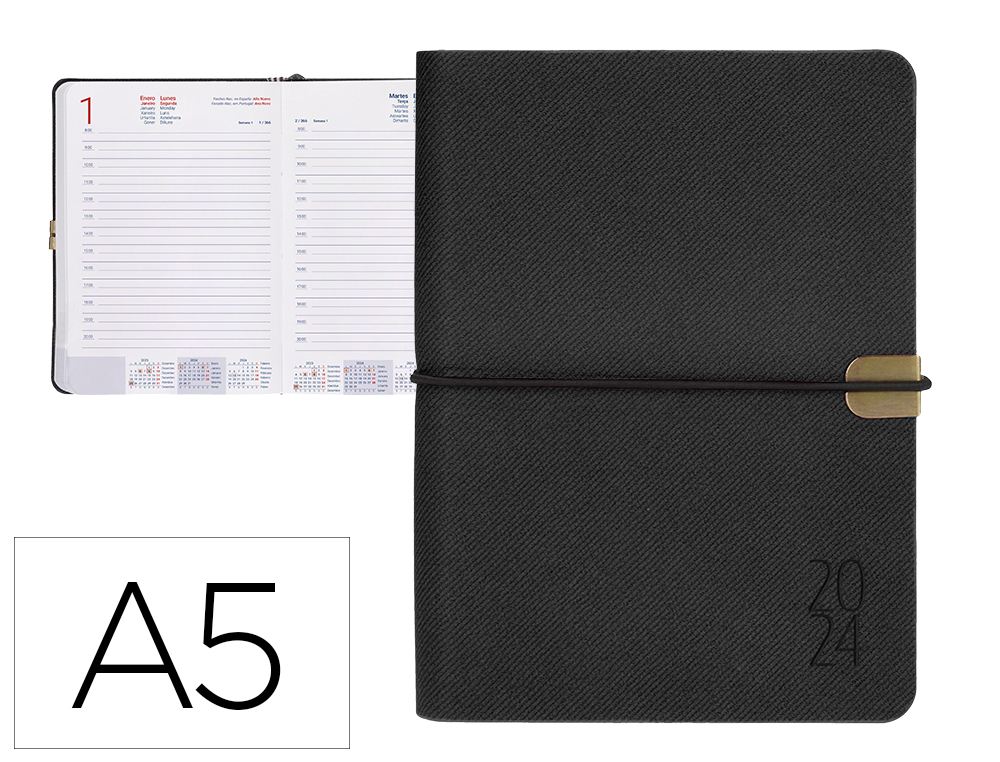 AGENDA ENCUADERNADA LIDERPAPEL EGINA A5 2024 DIA PAGINA COLOR NEGRO PAPEL 70 GR