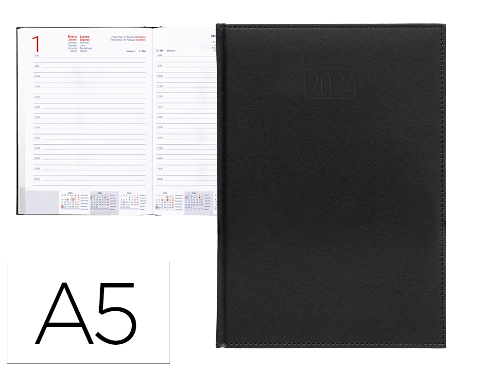 AGENDA ENCUADERNADA LIDERPAPEL CRETA 15X21 CM 2024 DIA PAGINA COLOR NEGRO PAPEL 70 GR