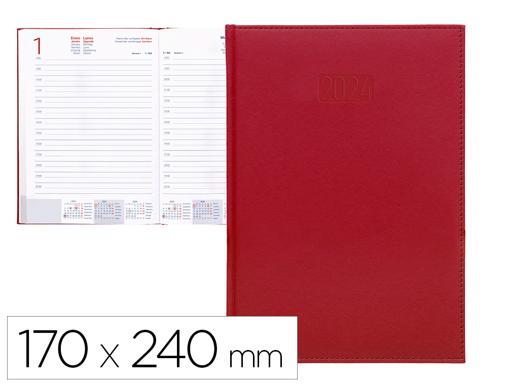 AGENDA ENCUADERNADA LIDERPAPEL CRETA 17X24 CM 2024 DIA PAGINA COLOR ROJO PAPEL 70 GR