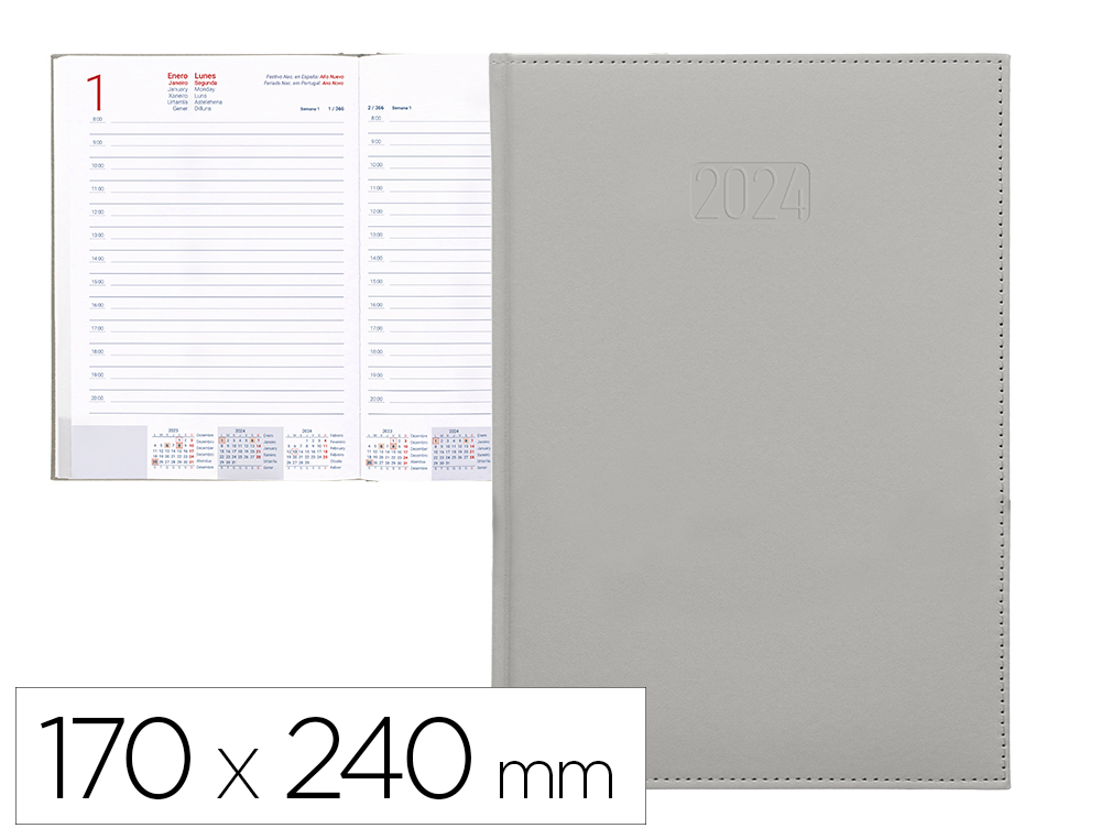 AGENDA ENCUADERNADA LIDERPAPEL CRETA 17X24 CM 2024 DIA PAGINA COLOR GRIS PAPEL 70 GR