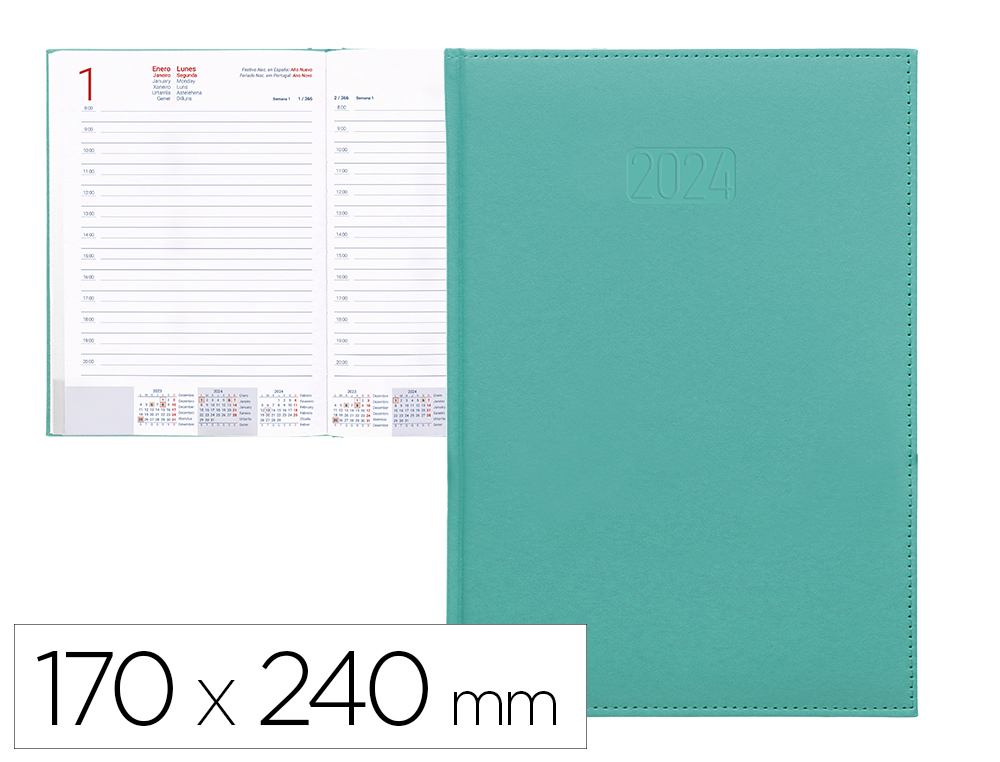 AGENDA ENCUADERNADA LIDERPAPEL CRETA 17X24 CM 2024 DIA PAGINA COLOR TURQUESA PAPEL 70 GR