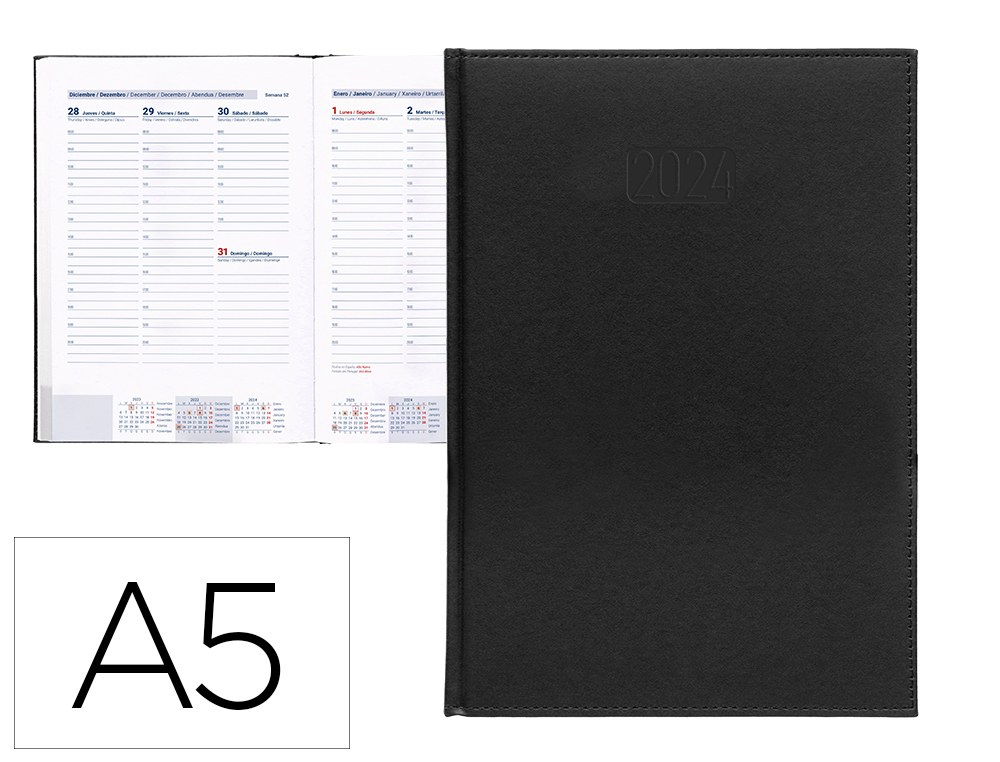 AGENDA ENCUADERNADA LIDERPAPEL CRETA 15X21 CM 2024 SEMANA VISTA COLOR NEGRO PAPEL 70 GR
