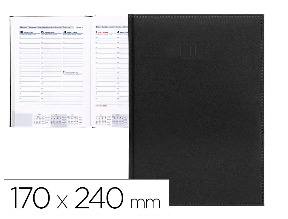 AGENDA ENCUADERNADA LIDERPAPEL CRETA 17X24 CM 2024 SEMANA VISTA COLOR NEGRO PAPEL 70 GR