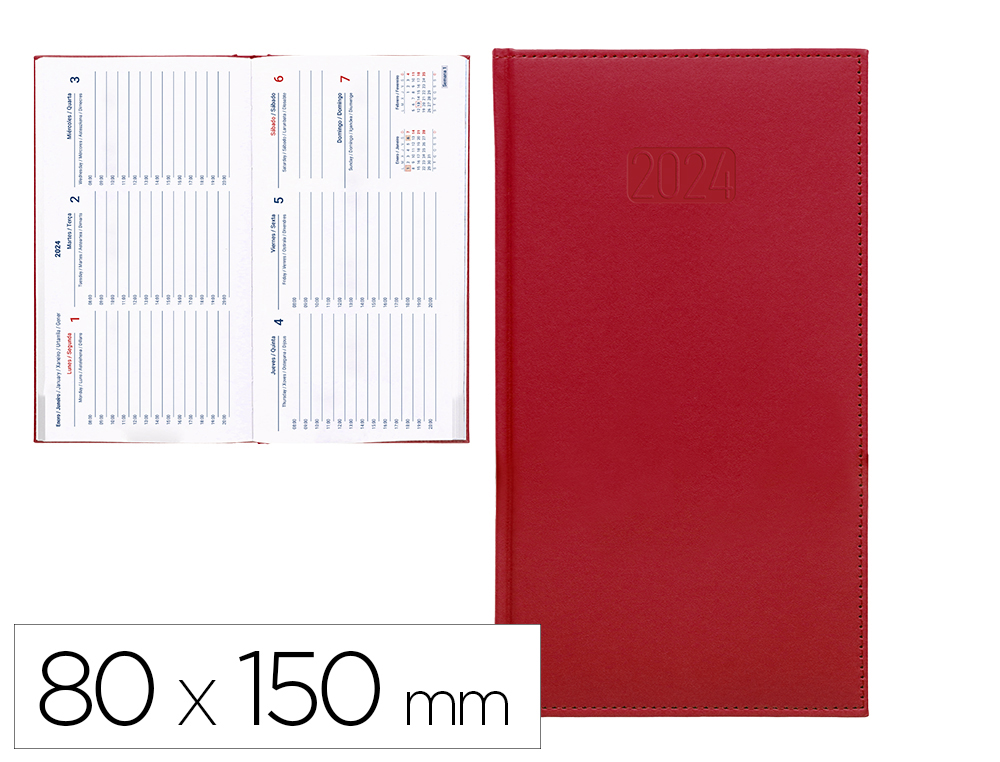 AGENDA ENCUADERNADA LIDERPAPEL CRETA 8X15 CM 2024 SEMANA VISTA COLOR ROJO PAPEL 70 GR