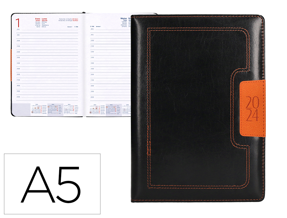 AGENDA ENCUADERNADA LIDERPAPEL DORIOS 15X21 CM 2024 DIA PAGINA COLOR NEGRO Y NARANJA PAPEL 70 GR