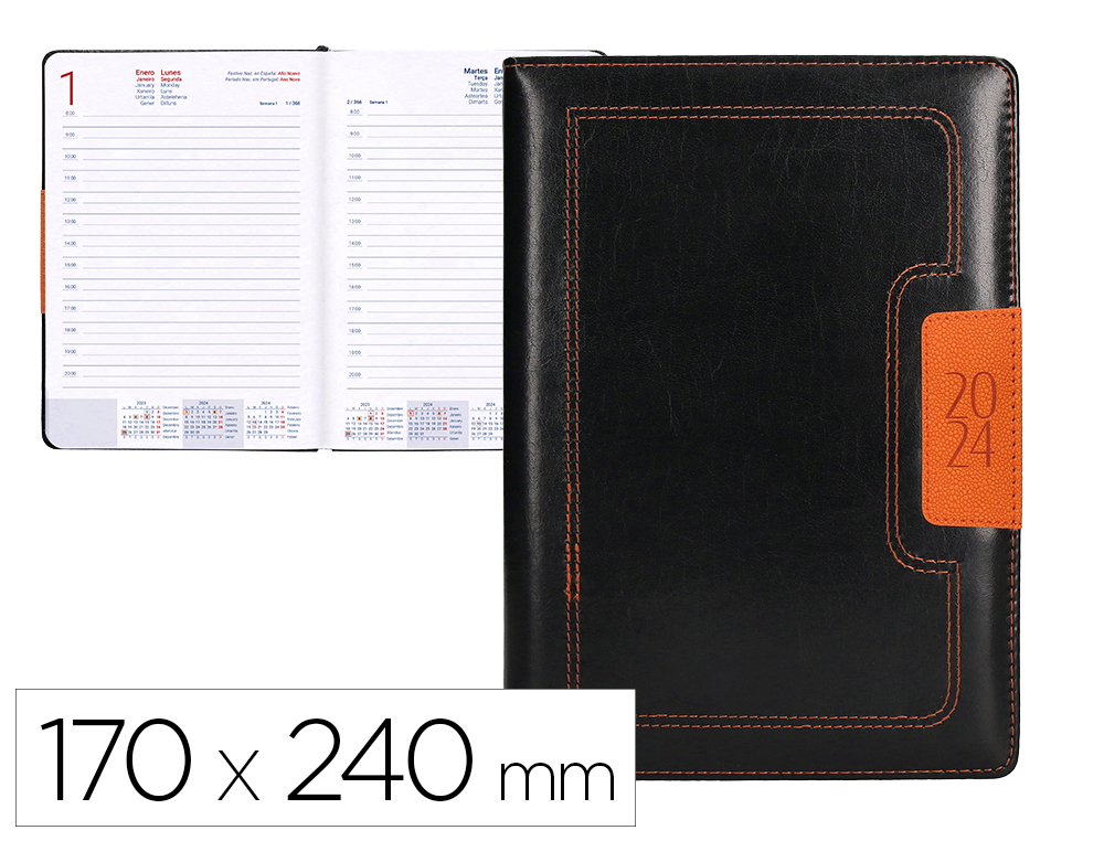 AGENDA ENCUADERNADA LIDERPAPEL DORIOS 17X24 CM 2024 DIA PAGINA COLOR NEGRO Y NARANJA PAPEL 70 GR