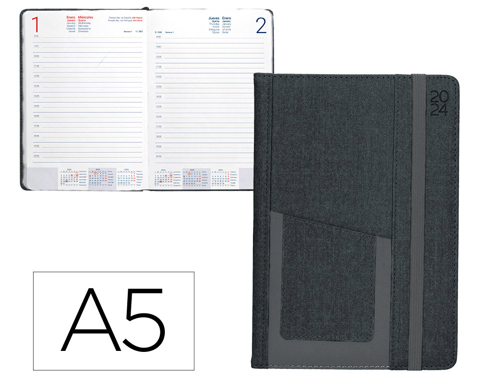 AGENDA ENCUADERNADA LIDERPAPEL SARIA A5 2025 DIA PAGINA COLOR NEGRO PAPEL 70 GR