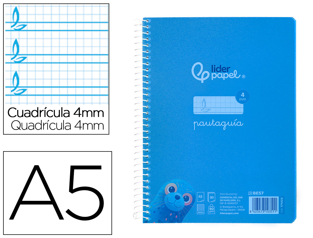 CUADERNO ESPIRAL LIDERPAPEL DIN A5 PAUTAGUIA TAPA PLASTICO 80H 90GR CUADRO PAUTADO 4MM CON MARGEN COLOR AZUL