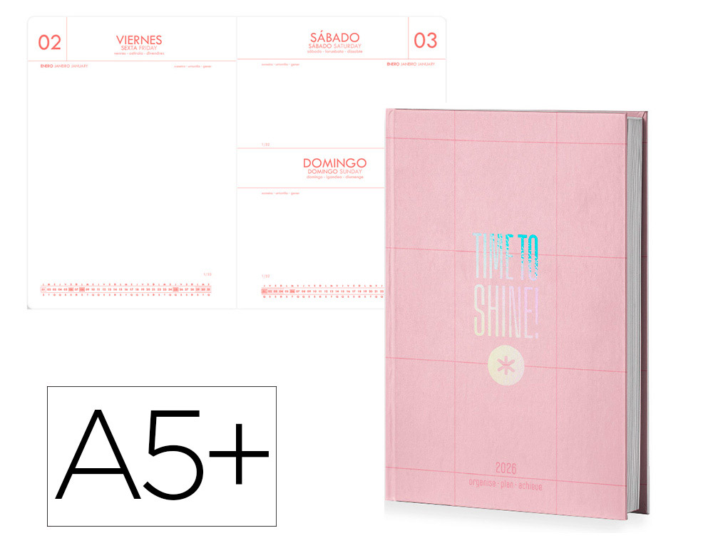 AGENDA ENCUADERNADA ANTARTIK TIME TO SHINE A5+ 2026 DA PGINA ROSA PAPEL 80G FSC