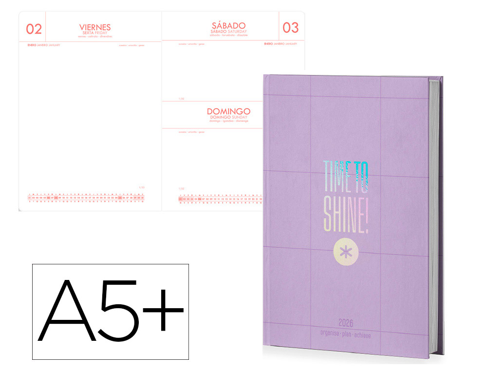 AGENDA ENCUADERNADA ANTARTIK TIME TO SHINE A5+ 2026 DA PGINA MORADO PAPEL 80G FSC