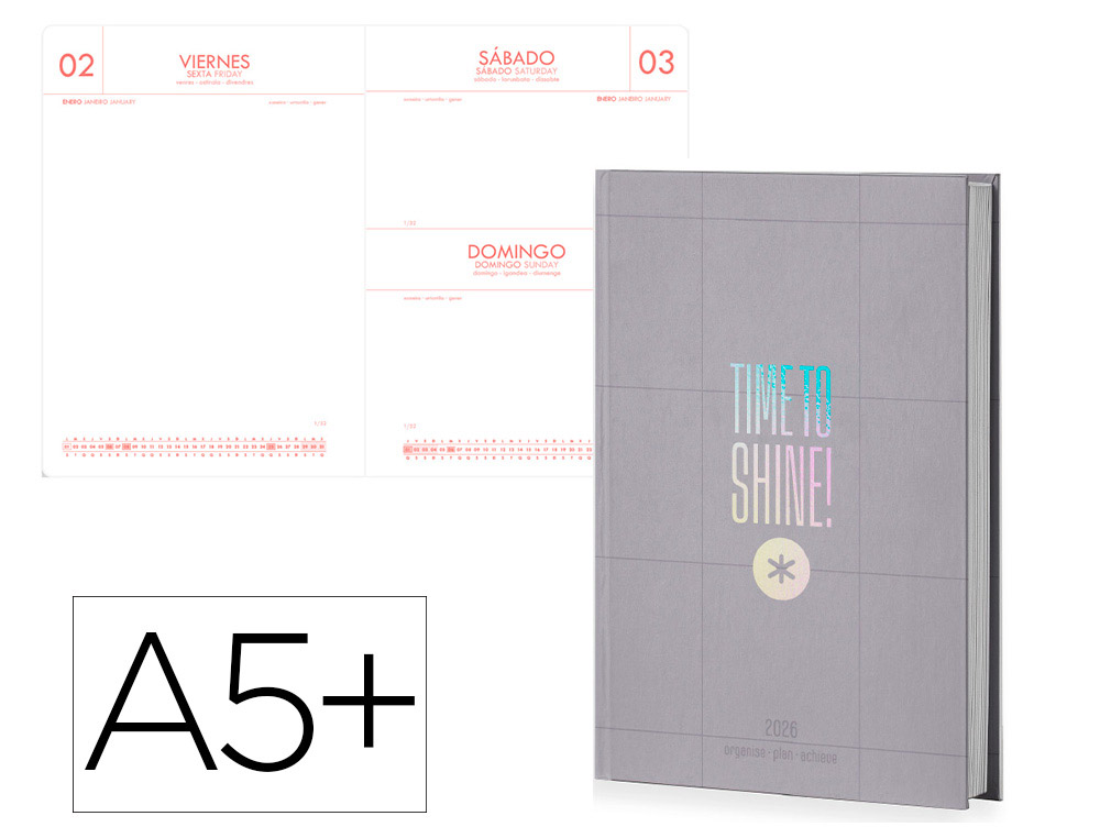 AGENDA ENCUADERNADA ANTARTIK TIME TO SHINE A5+ 2026 DA PGINA GRIS PAPEL 80G FSC