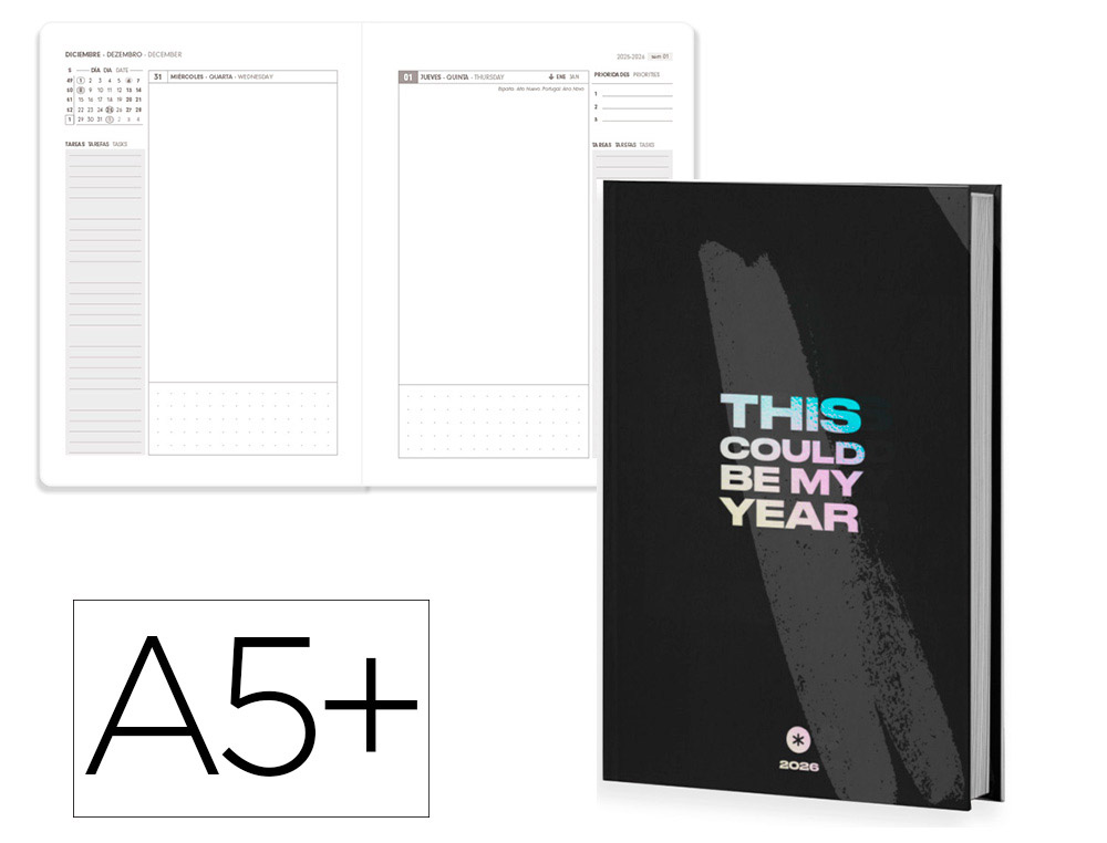 AGENDA ENCUADERNADA ANTARTIK MY YEAR A5+ 2026 DA PGINA NEGRO PAPEL 80G FSC